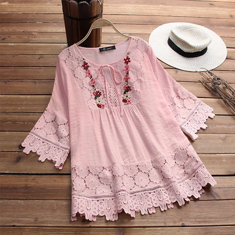 Ladies Paneled Lace Appliquéd Shirt Pink