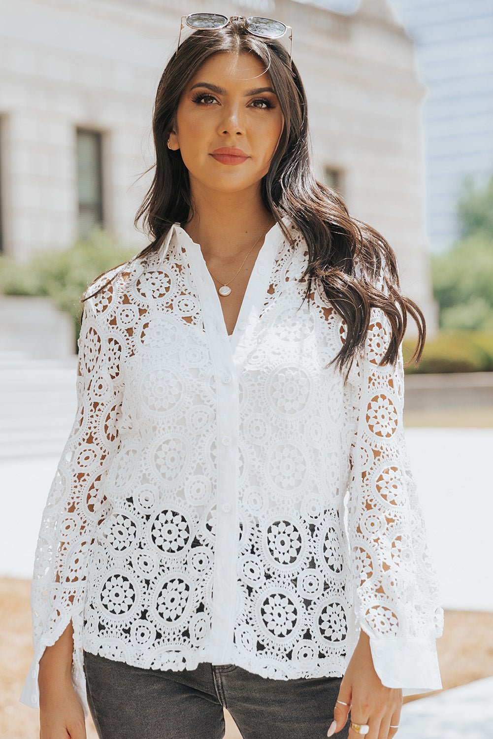Lace Collar Button-Up Shirt White