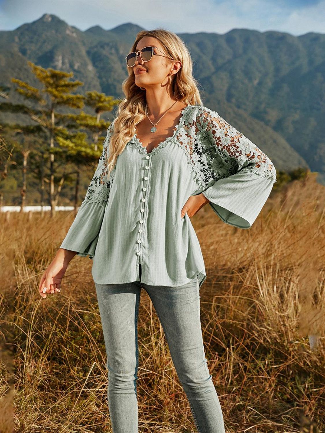 Lace-Spliced Button-Up Blouse Light Green