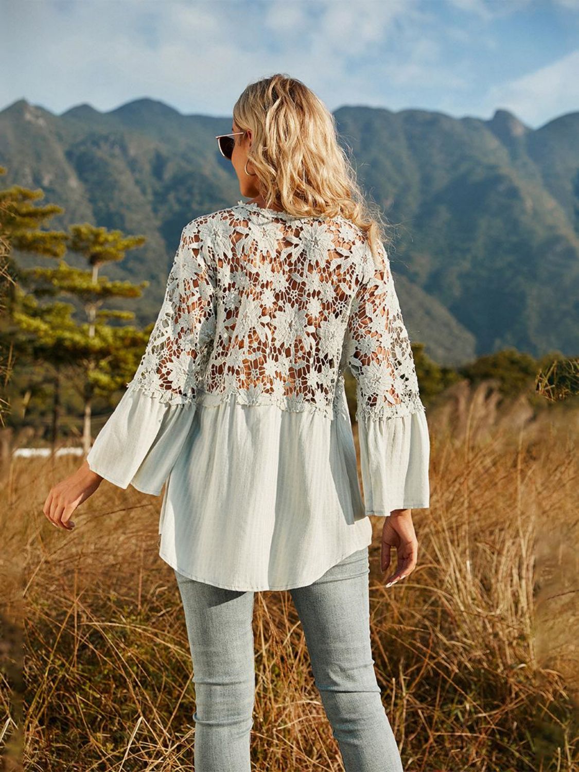 Lace-Spliced Button-Up Blouse