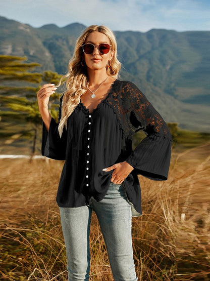 Lace-Spliced Button-Up Blouse Black