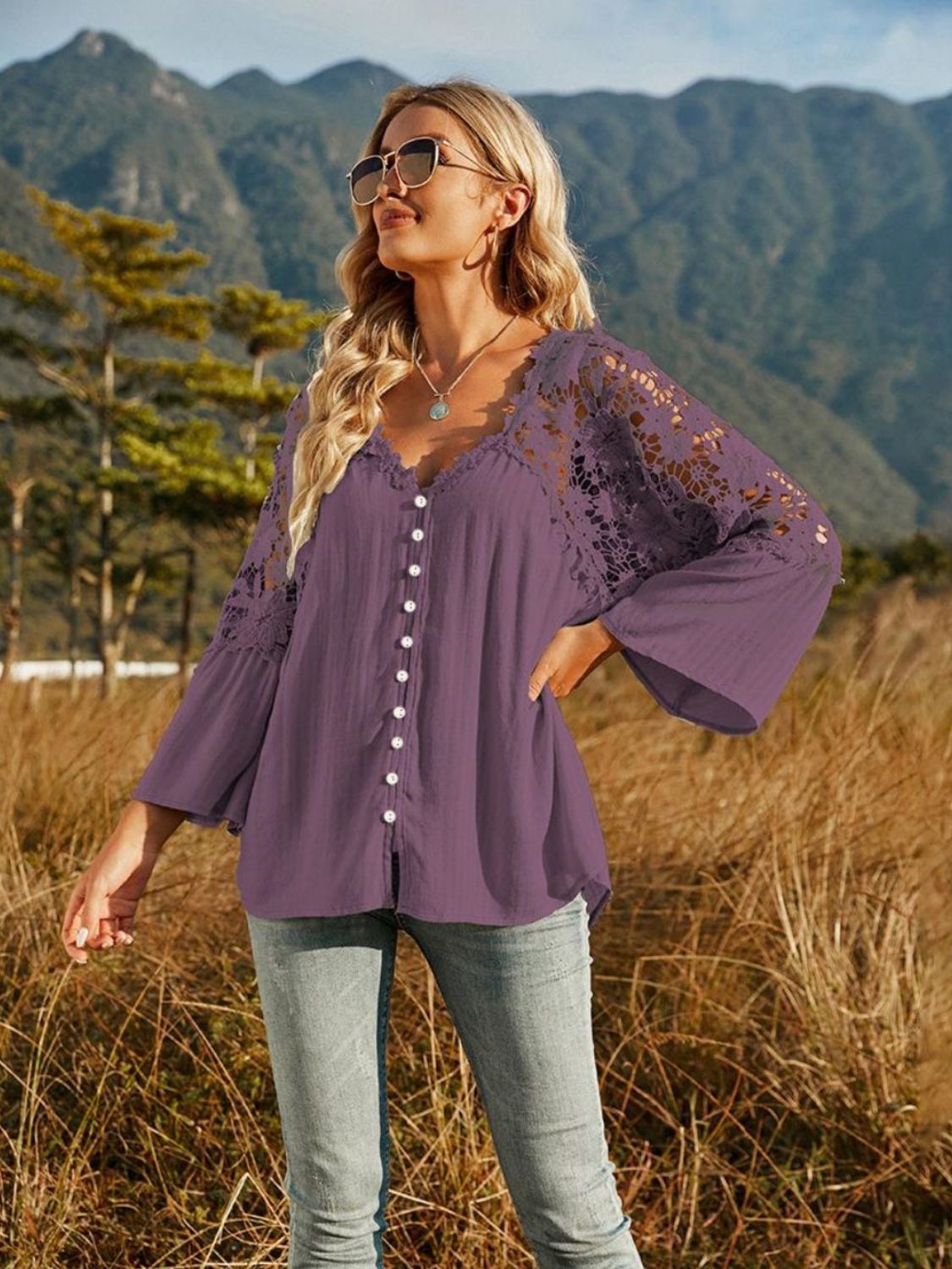 Lace-Spliced Button-Up Blouse