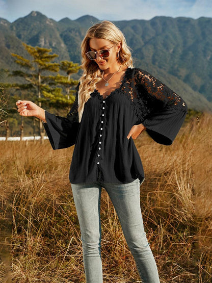 Lace-Spliced Button-Up Blouse