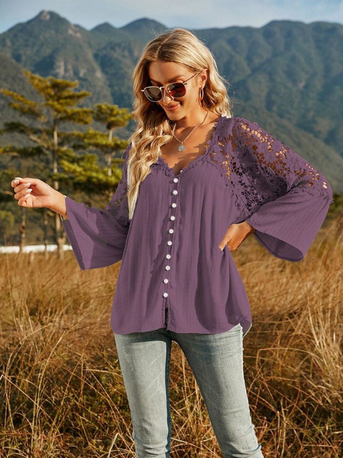 Lace-Spliced Button-Up Blouse Plum