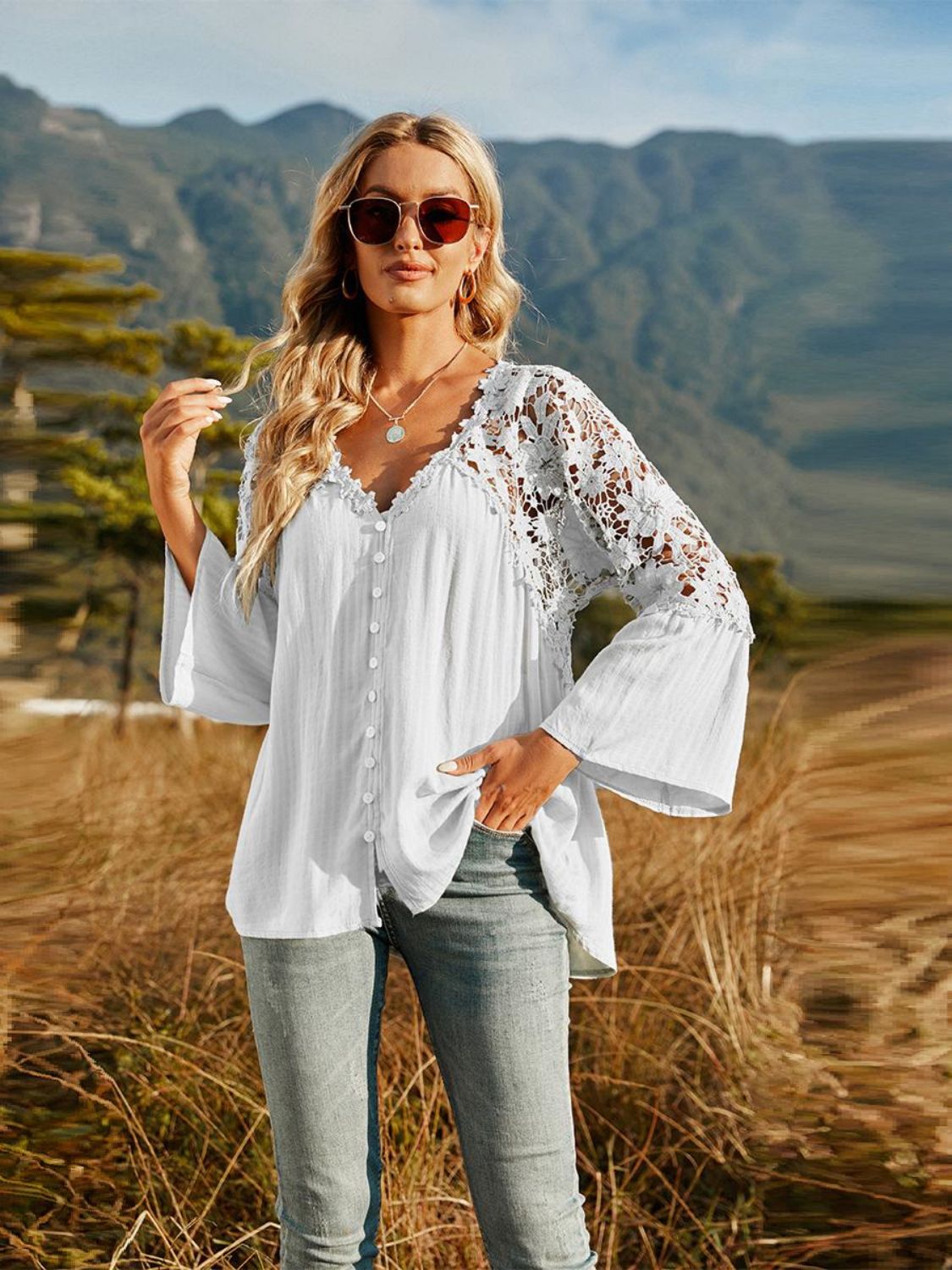 Lace-Spliced Button-Up Blouse White