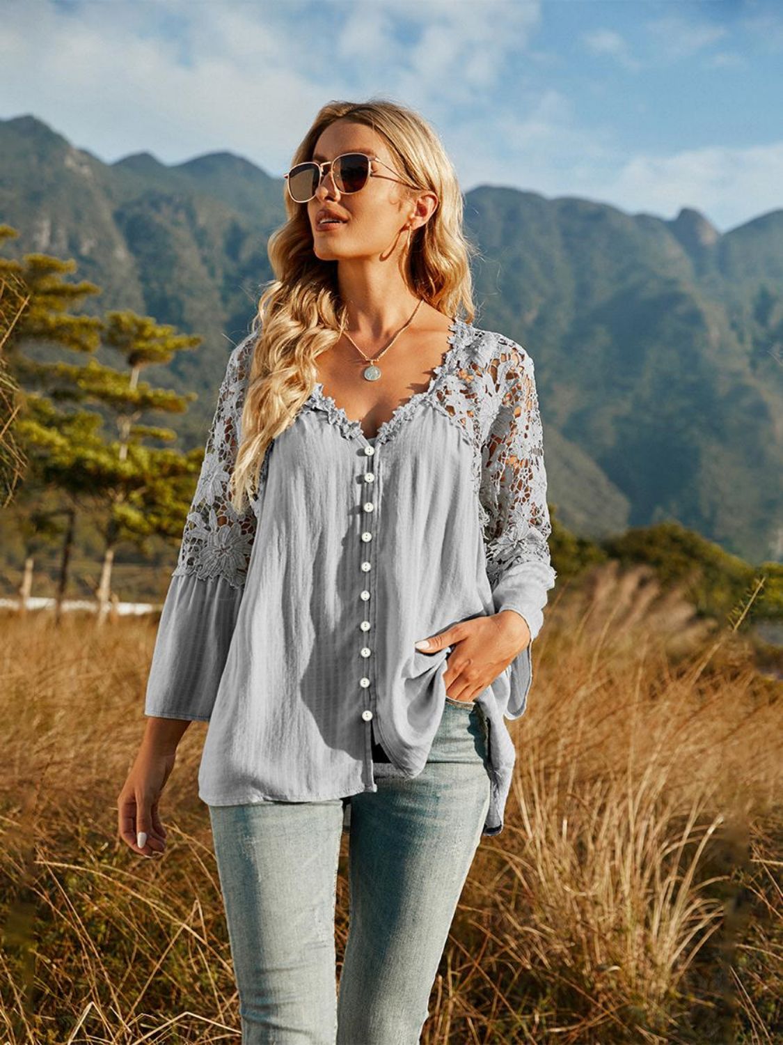 Lace-Spliced Button-Up Blouse Light Gray