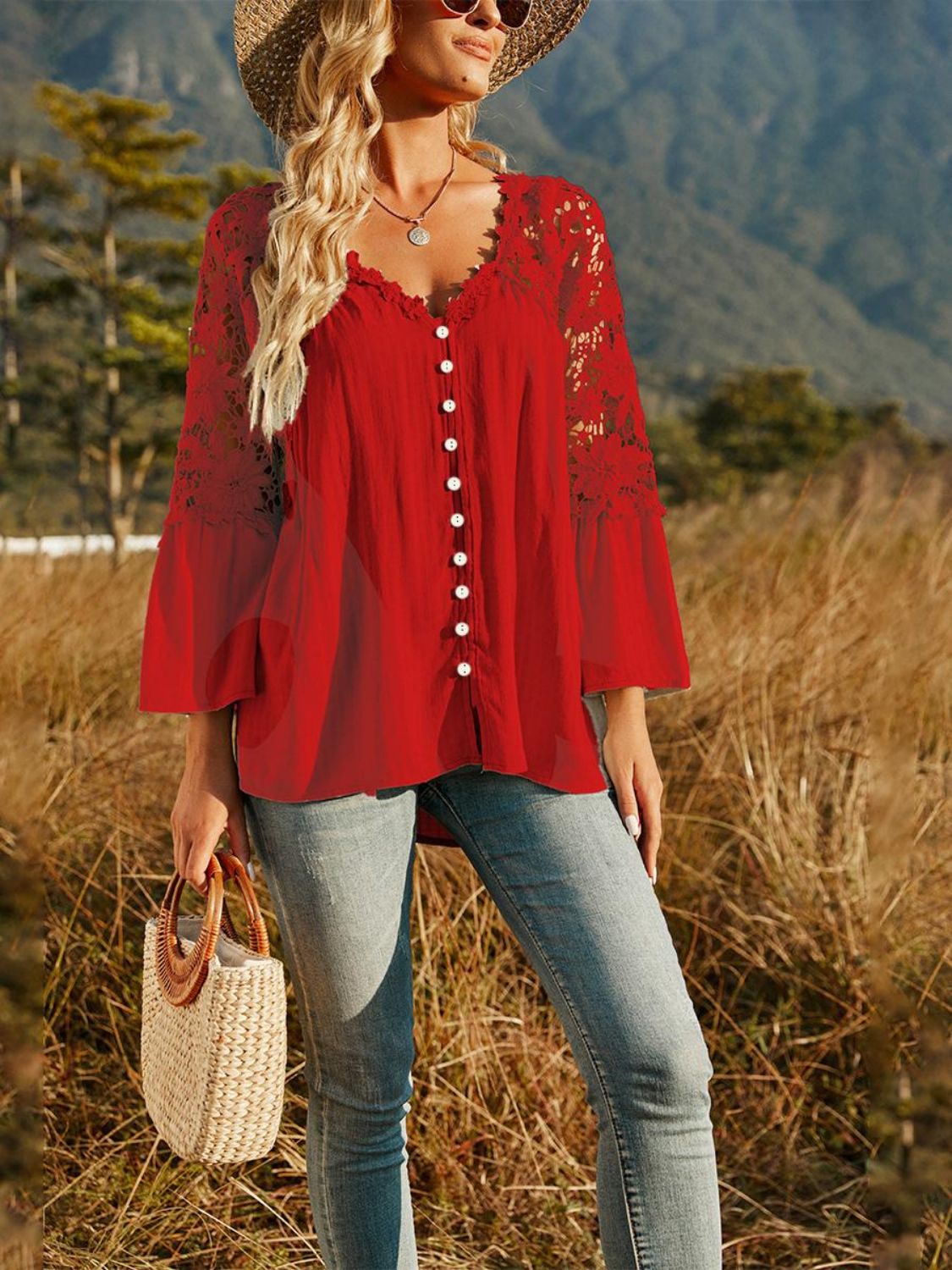 Lace-Spliced Button-Up Blouse