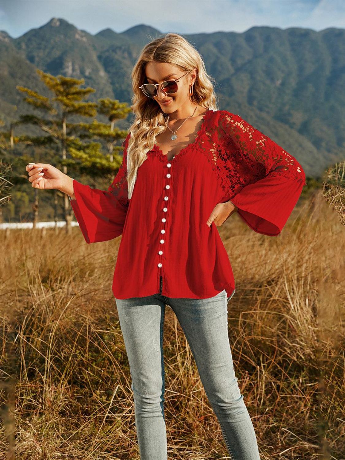 Lace-Spliced Button-Up Blouse Deep Red