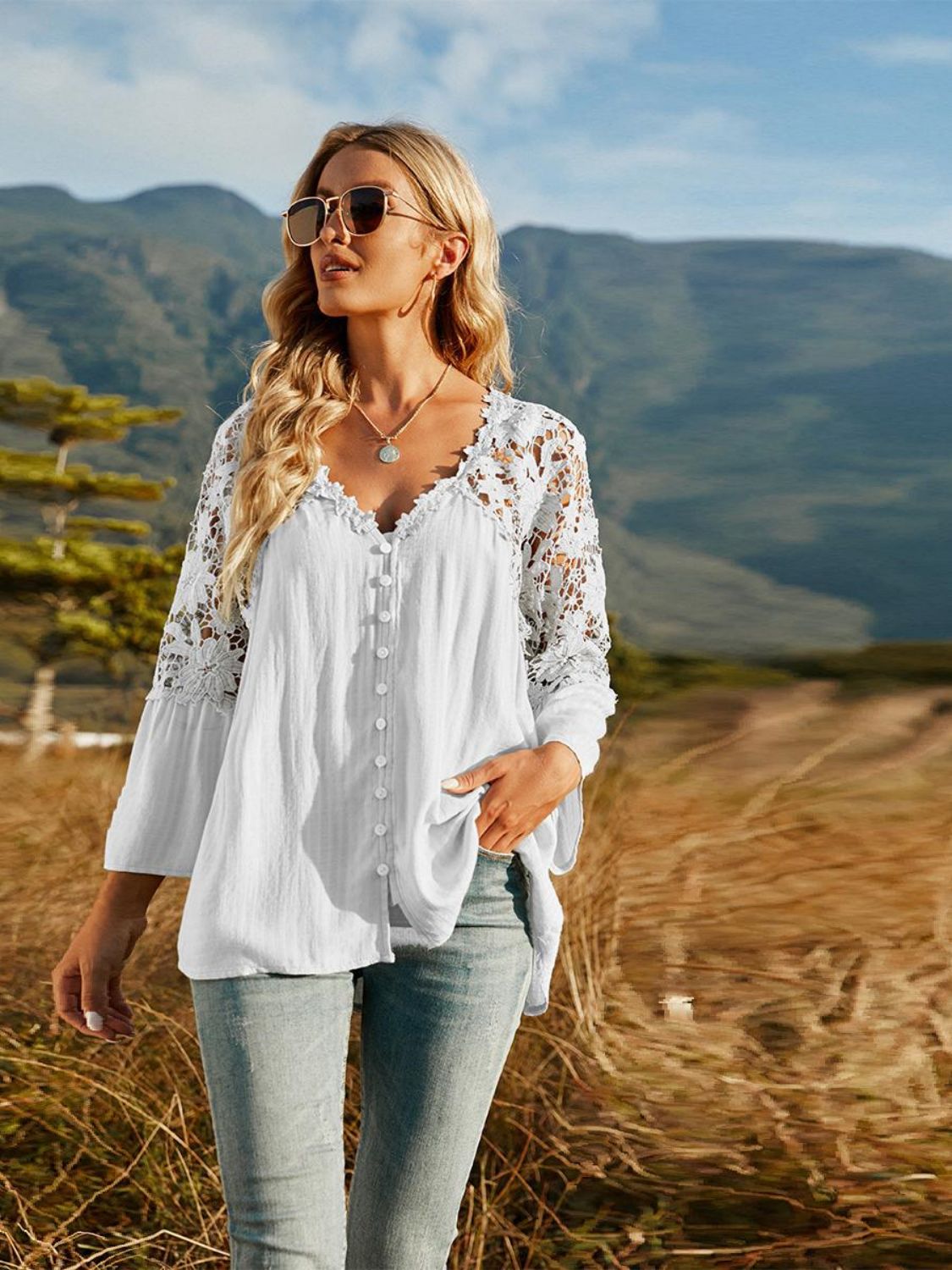 Lace-Spliced Button-Up Blouse