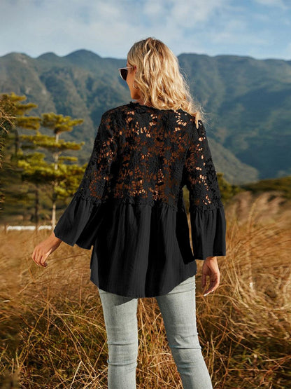 Lace-Spliced Button-Up Blouse