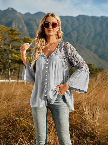 Lace-Spliced Button-Up Blouse