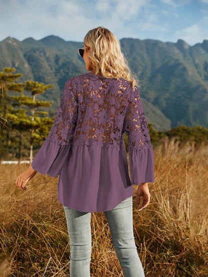 Lace-Spliced Button-Up Blouse