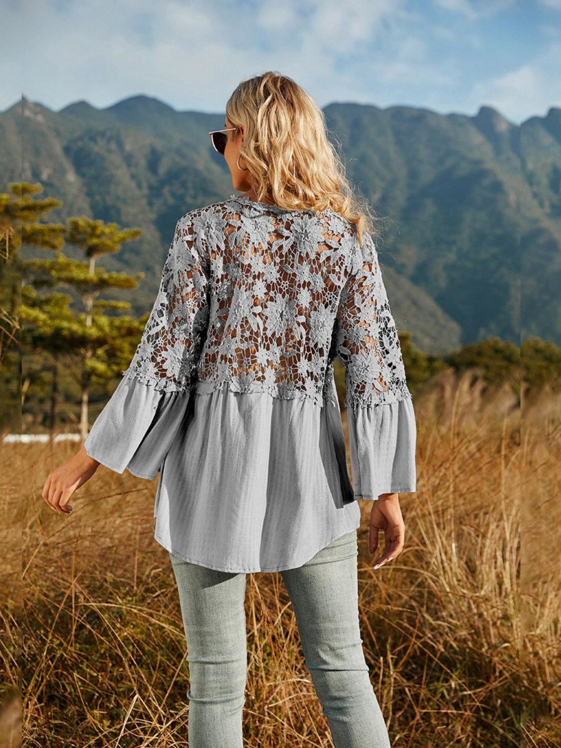 Lace-Spliced Button-Up Blouse