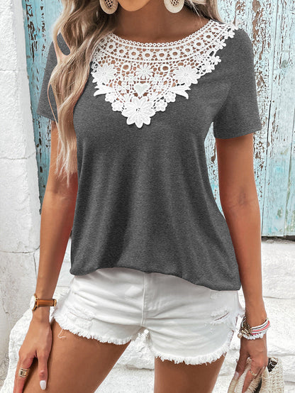 Lace-Spliced Contrast Short Sleeve Top Dark Gray