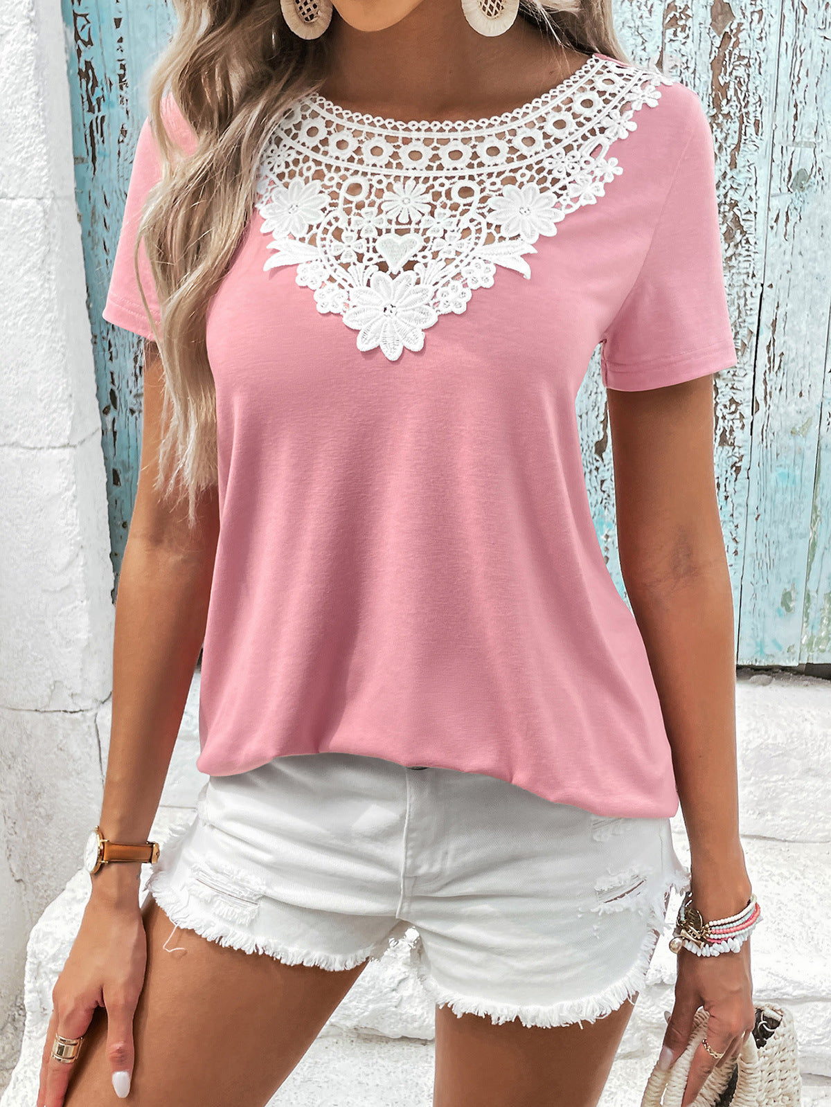 Lace-Spliced Contrast Short Sleeve Top