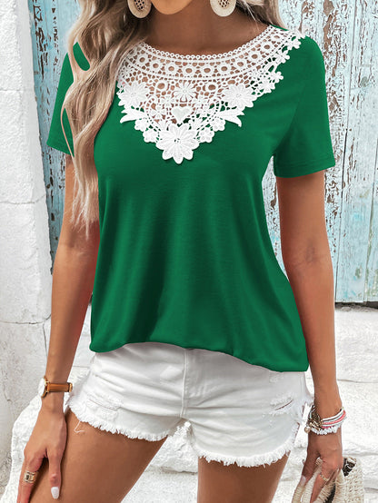 Lace-Spliced Contrast Short Sleeve Top