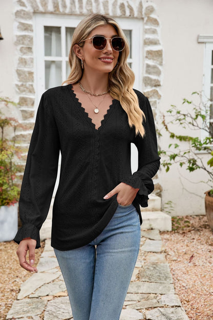 Lace Trim Flounce Sleeve Blouse Black