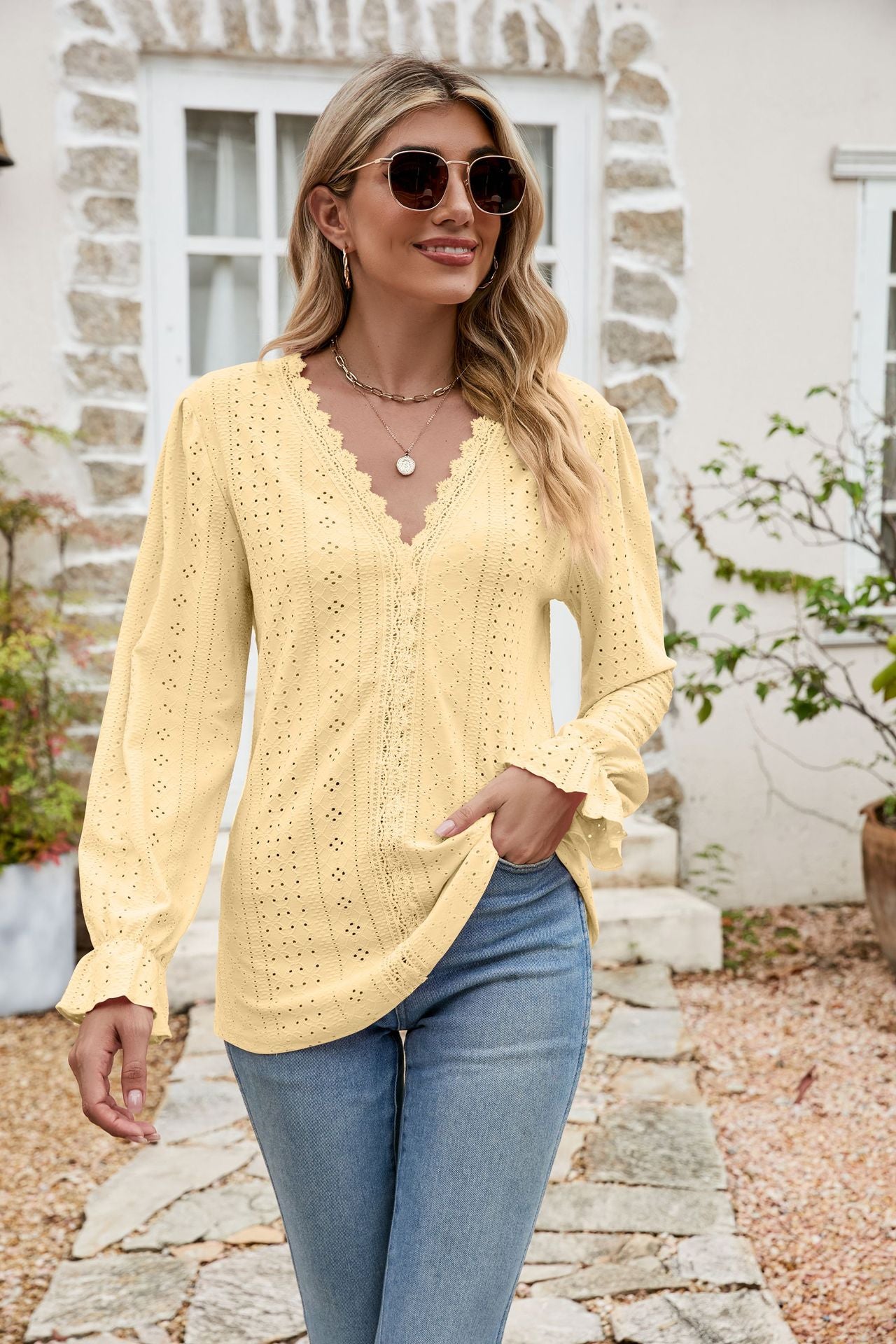 Lace Trim Flounce Sleeve Blouse Butter Yellow