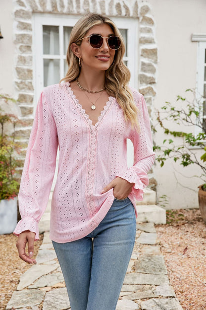 Lace Trim Flounce Sleeve Blouse Blush Pink