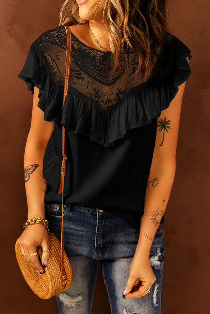 Lace Trim Short Sleeve T-Shirt Black