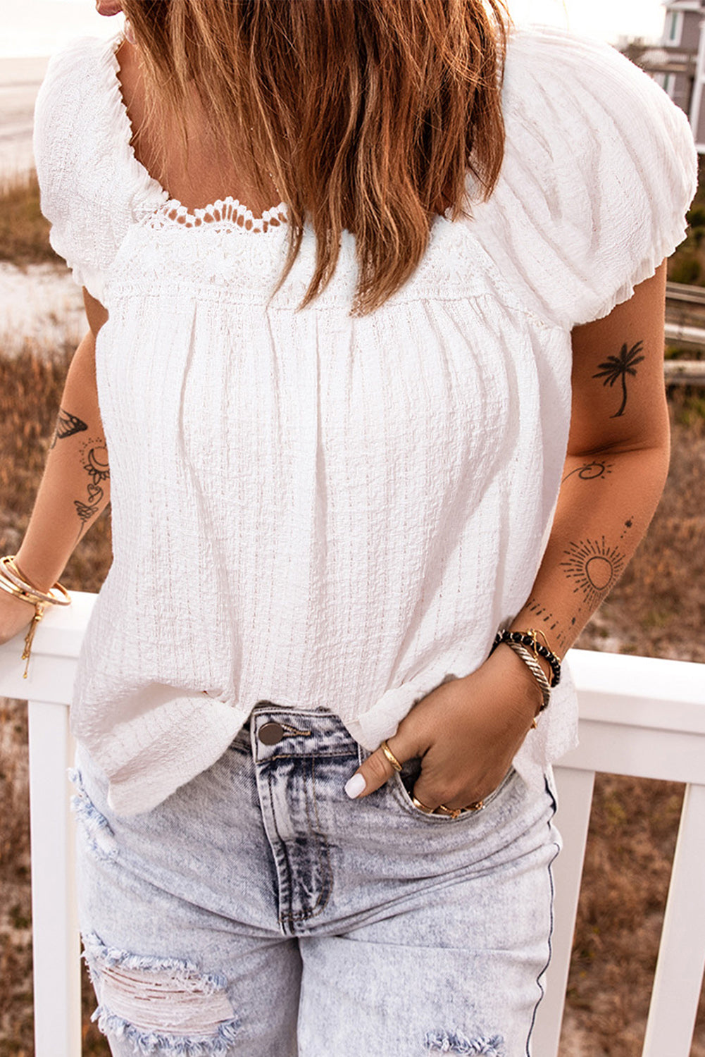 Lace Trim Tie-Back Puff Sleeve Top White M