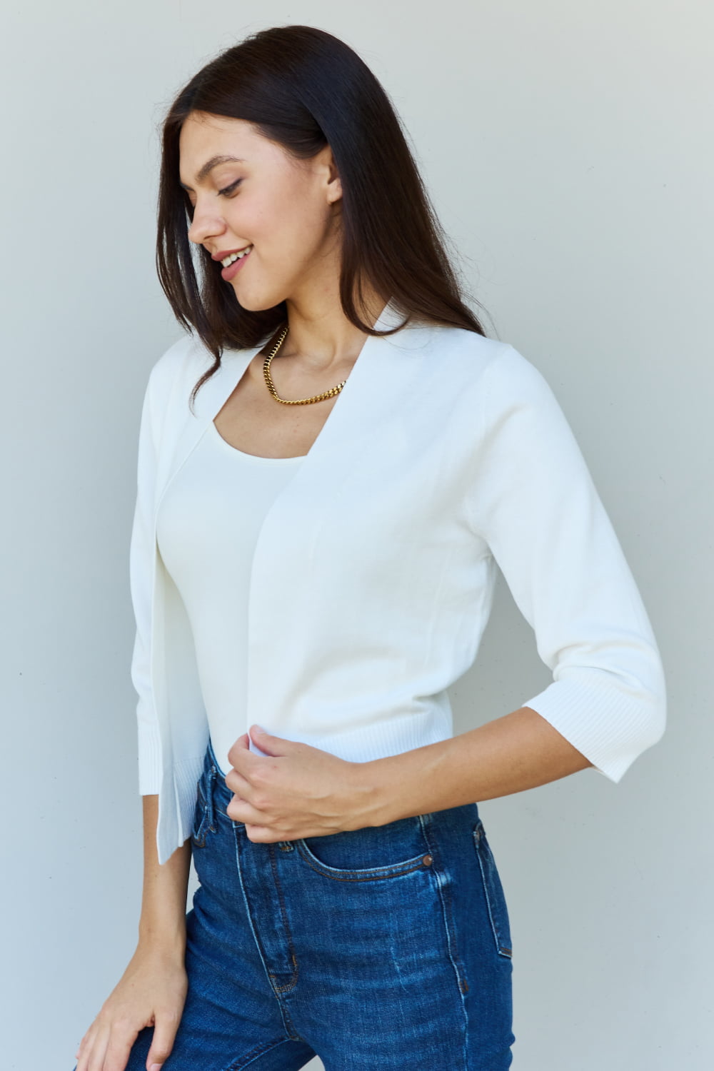 Ladies Ivory Cropped Cardigan with 3/4 Sleeves