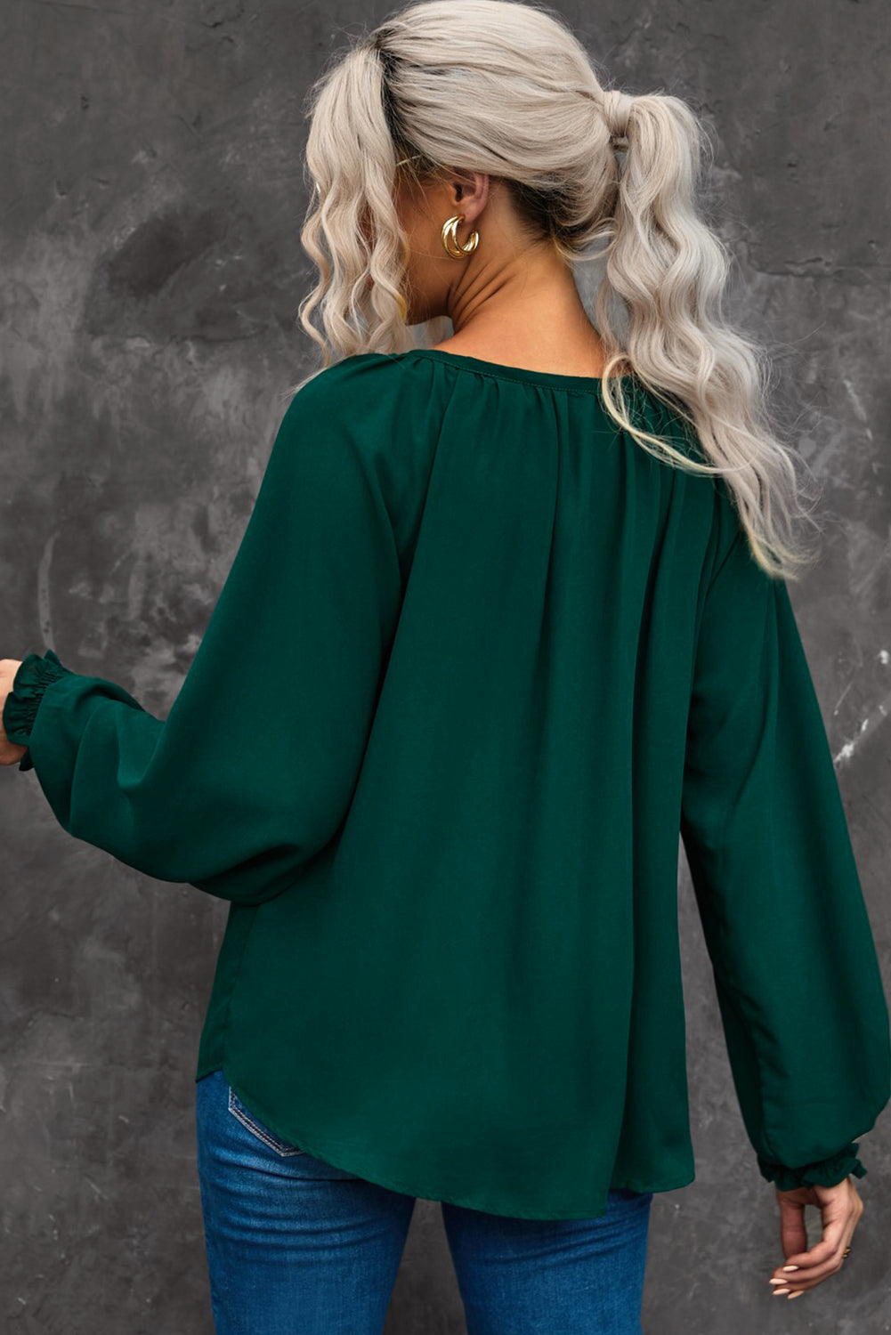 Lantern-Sleeved Notched Neck Blouse