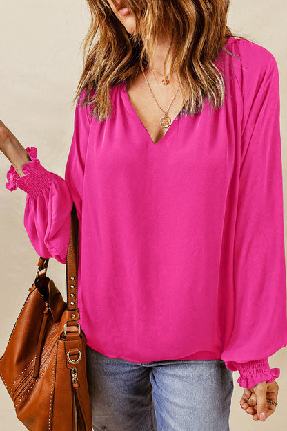 Lantern-Sleeved Notched Neck Blouse Hot Pink