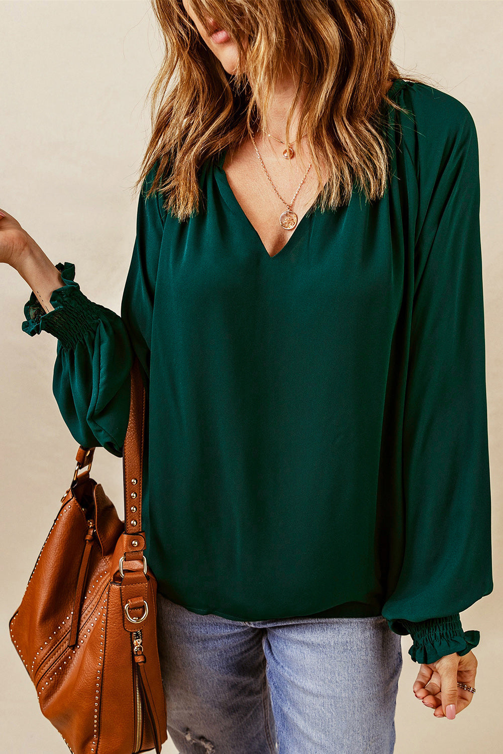 Lantern-Sleeved Notched Neck Blouse