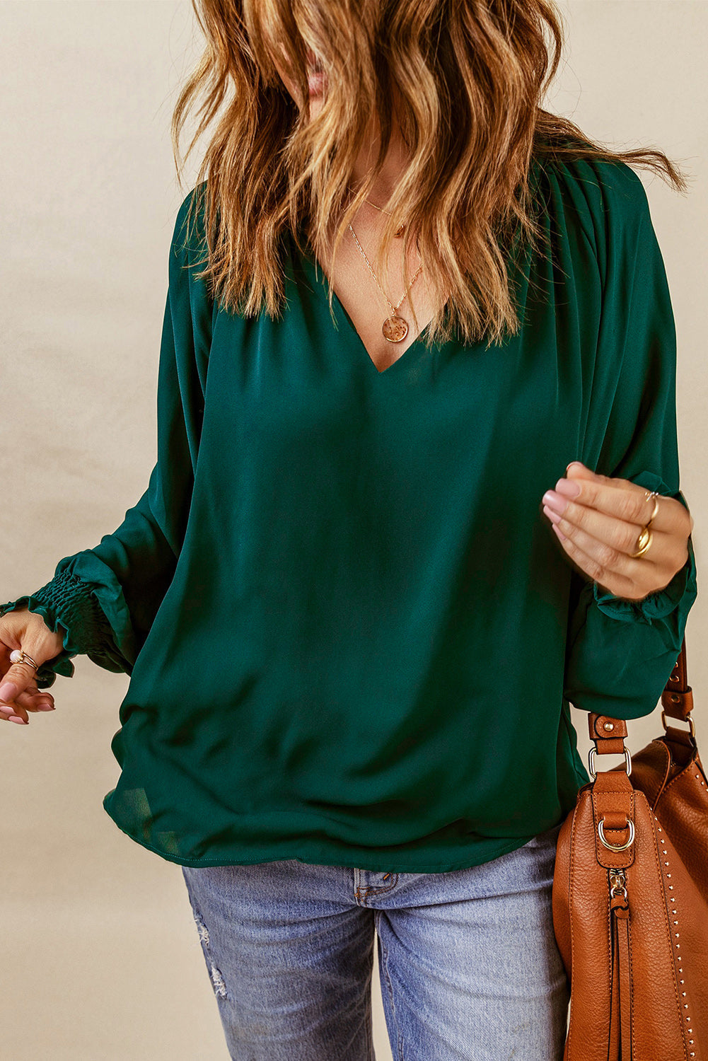 Lantern-Sleeved Notched Neck Blouse