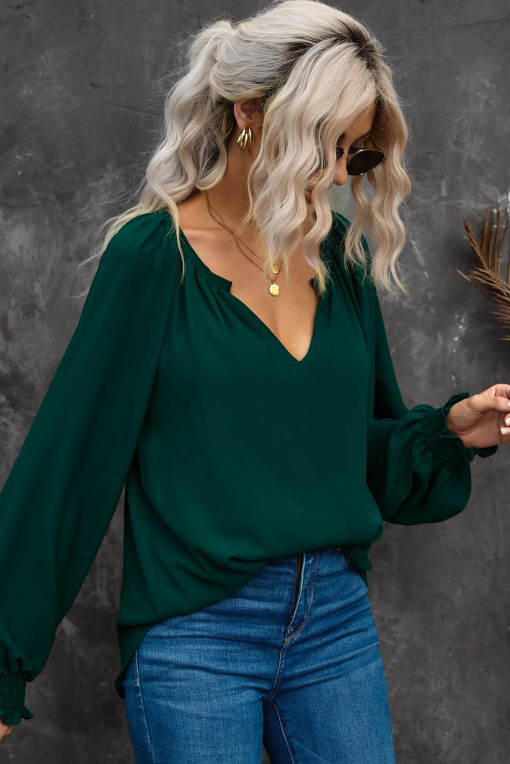 Lantern-Sleeved Notched Neck Blouse