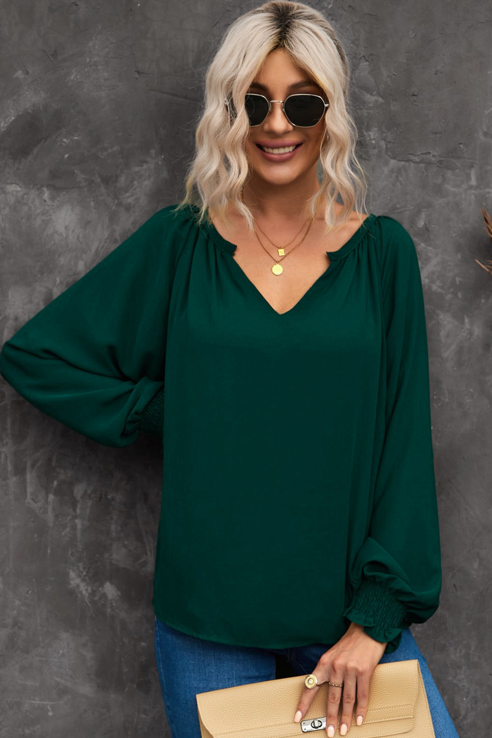 Lantern-Sleeved Notched Neck Blouse