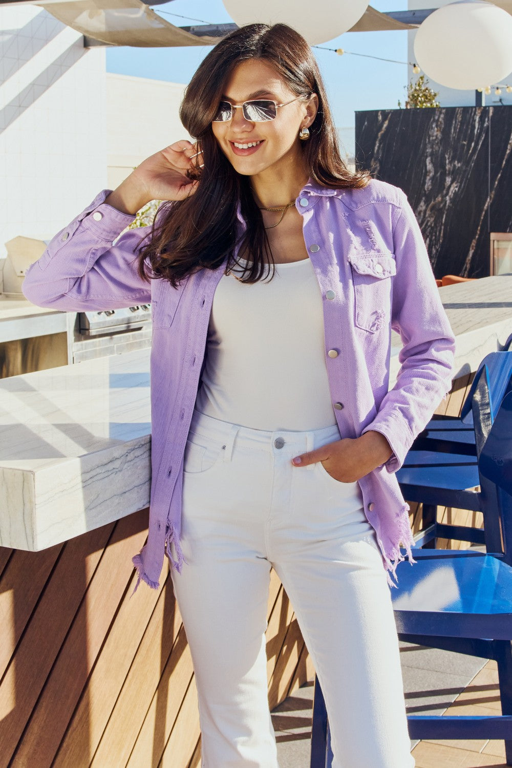 Lavender Distressed Denim Button-Up Jacket