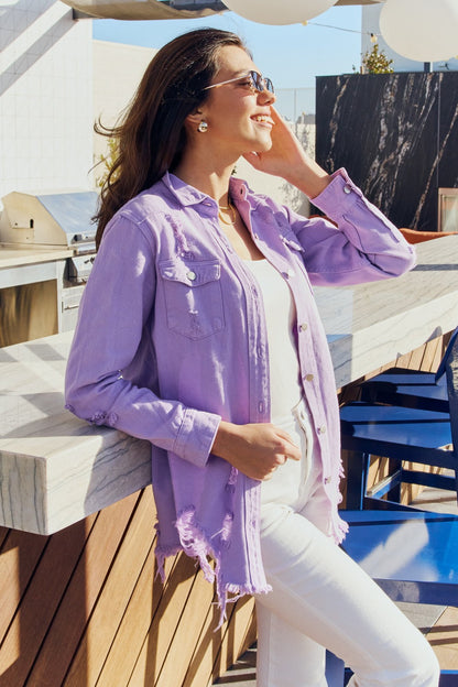 Lavender Distressed Denim Button-Up Jacket