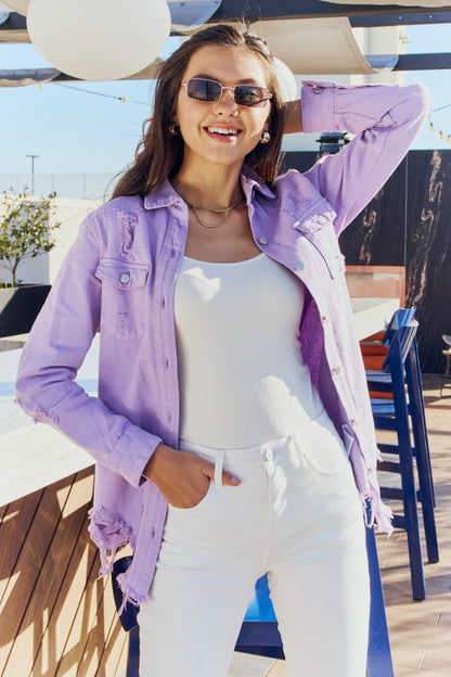 Lavender Distressed Denim Button-Up Jacket Lavender