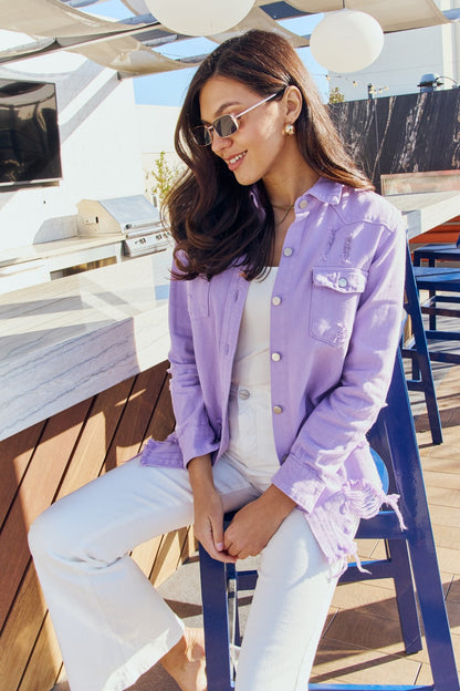 Lavender Distressed Denim Button-Up Jacket