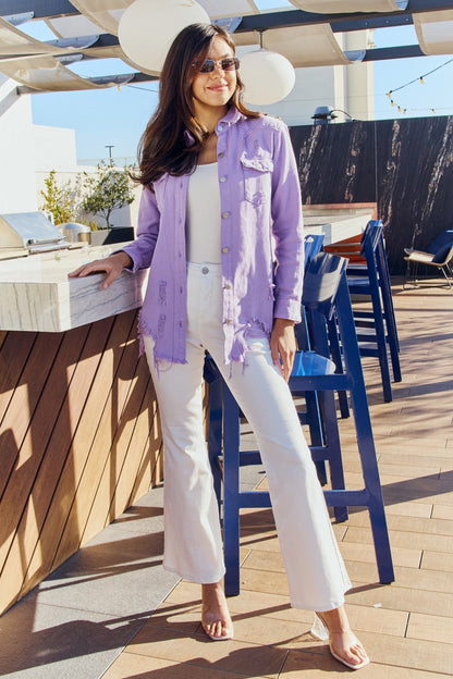 Lavender Distressed Denim Button-Up Jacket