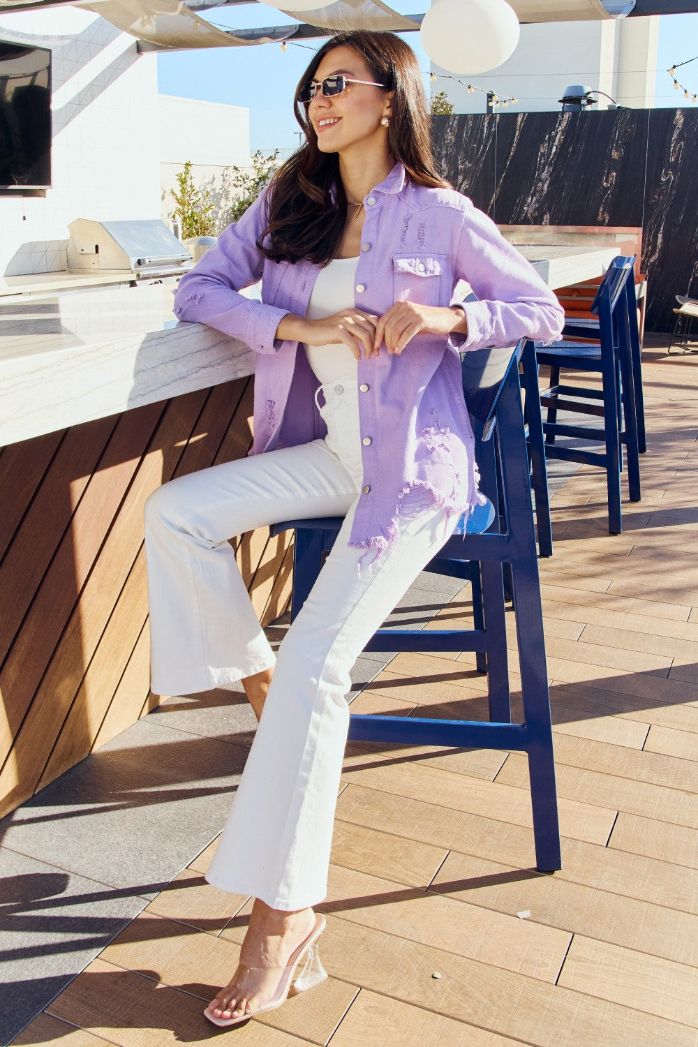 Lavender Distressed Denim Button-Up Jacket