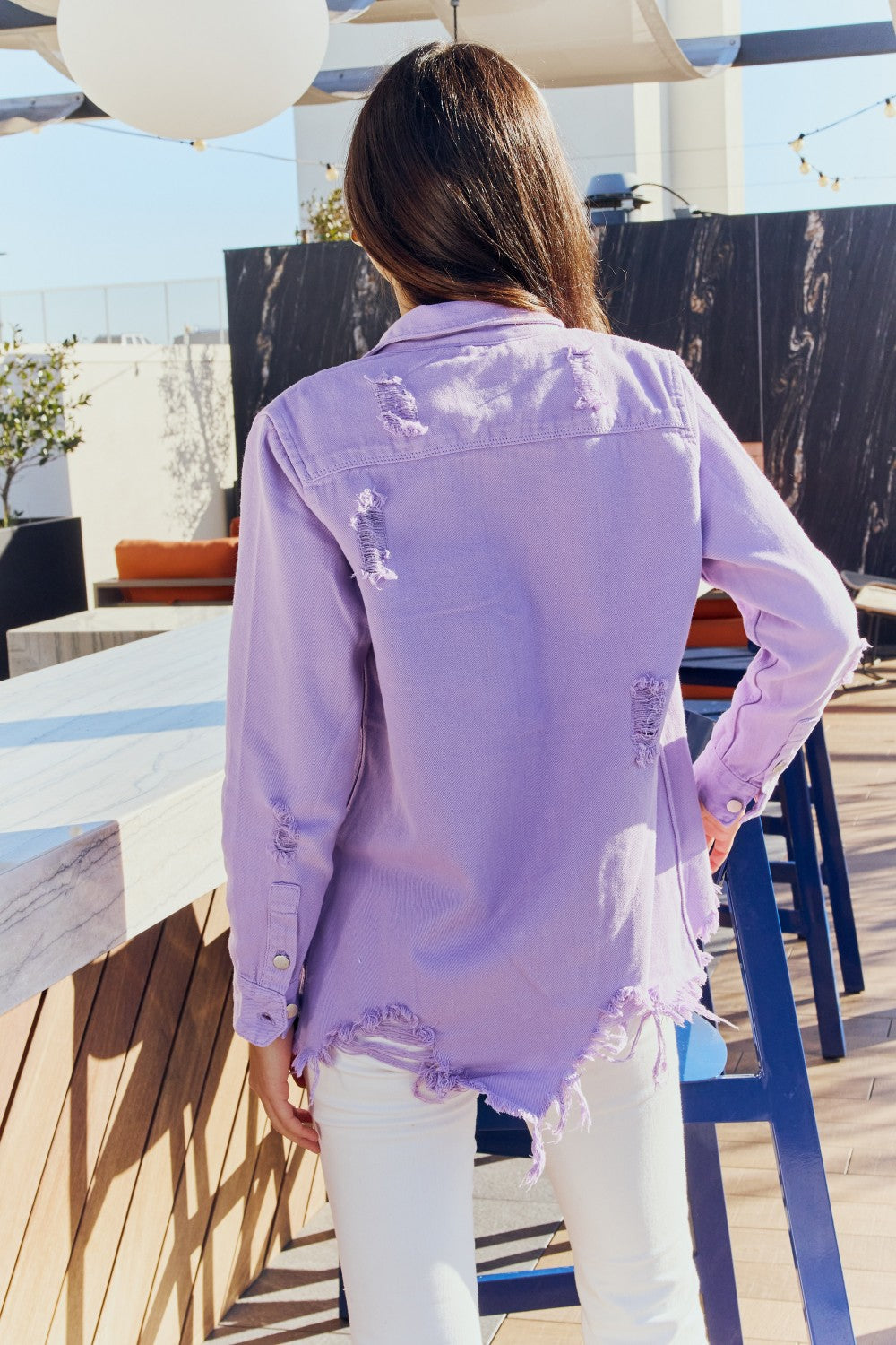 Lavender Distressed Denim Button-Up Jacket