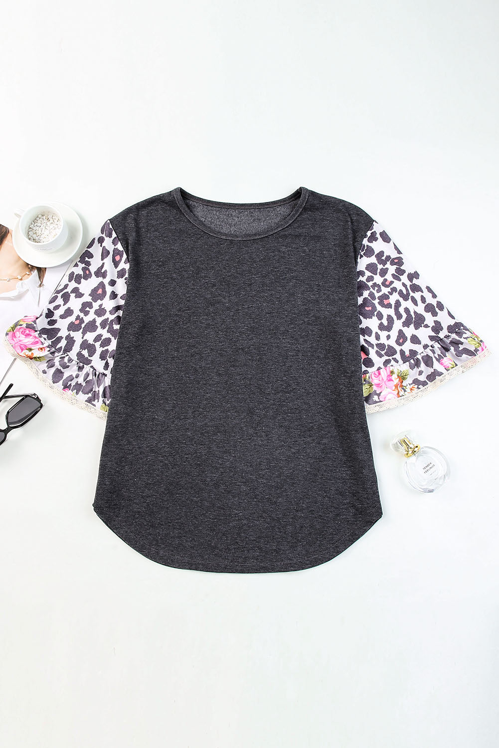 Leopard Flounce Sleeve Top with Round Neck