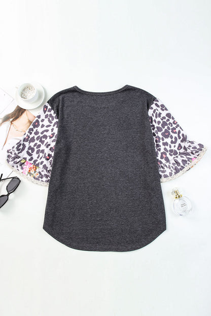 Leopard Flounce Sleeve Top with Round Neck