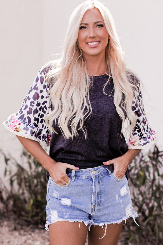 Leopard Flounce Sleeve Top with Round Neck Black