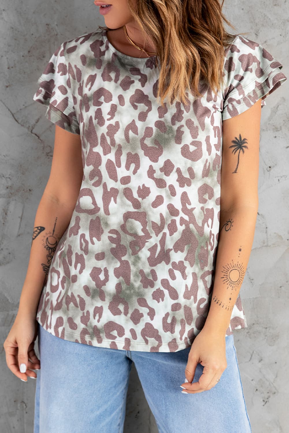 Leopard Flutter-Sleeved Layered Tee Taupe