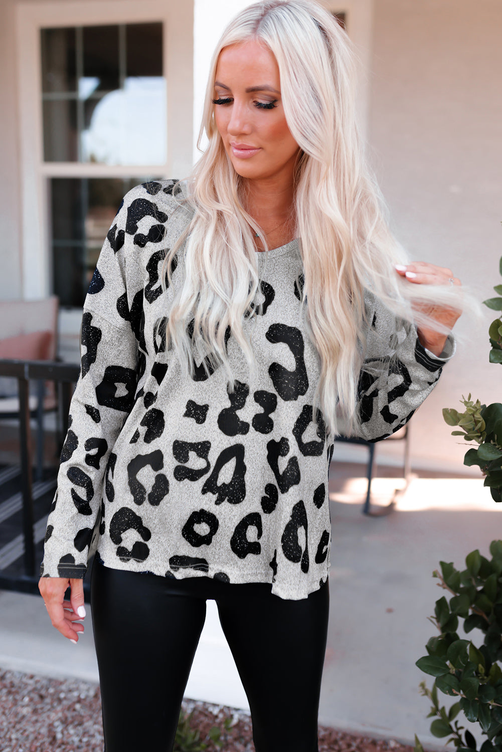 Leopard Print Dropped Shoulder Top with Round Neck