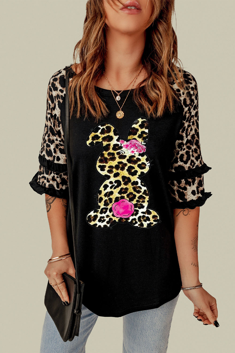 Leopard Print Frill Half-Sleeve Top