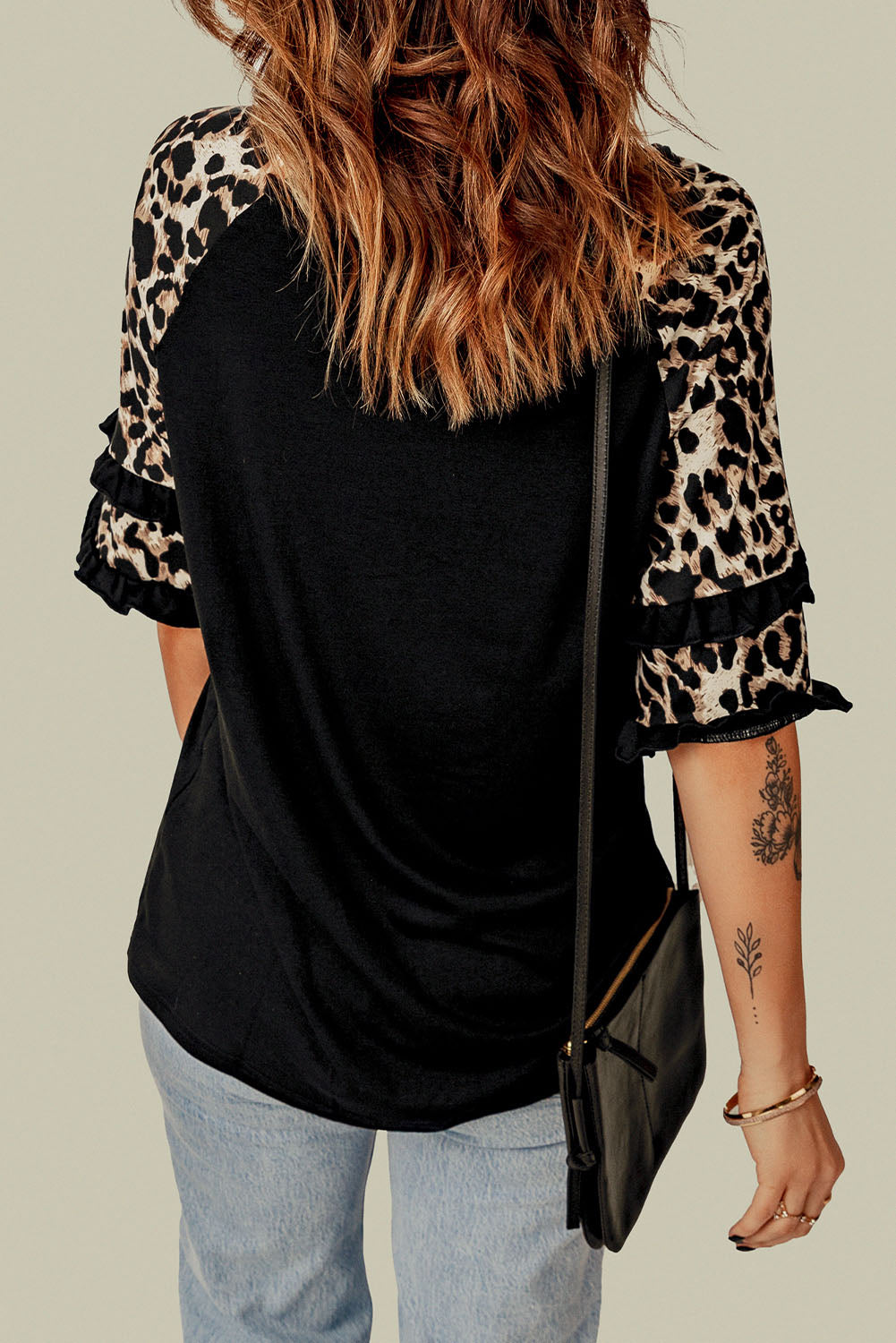 Leopard Print Frill Half-Sleeve Top