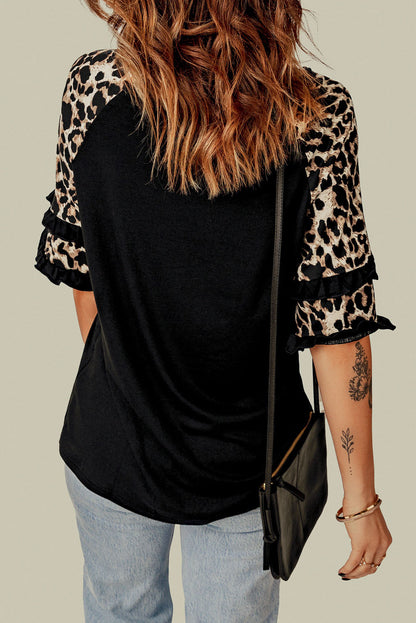 Leopard Print Frill Half-Sleeve Top