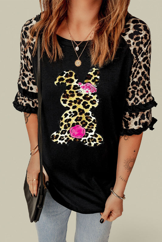 Leopard Print Frill Half-Sleeve Top Black