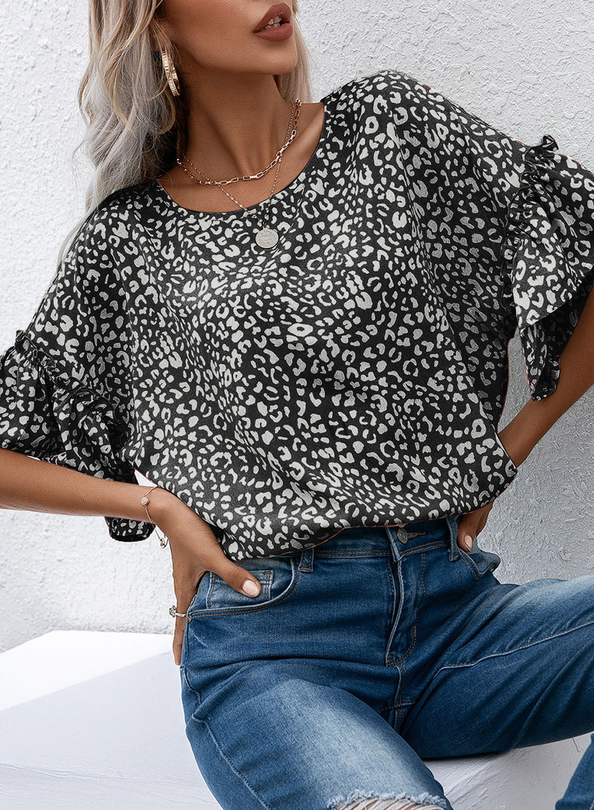 Leopard Print Frill Neck Blouse