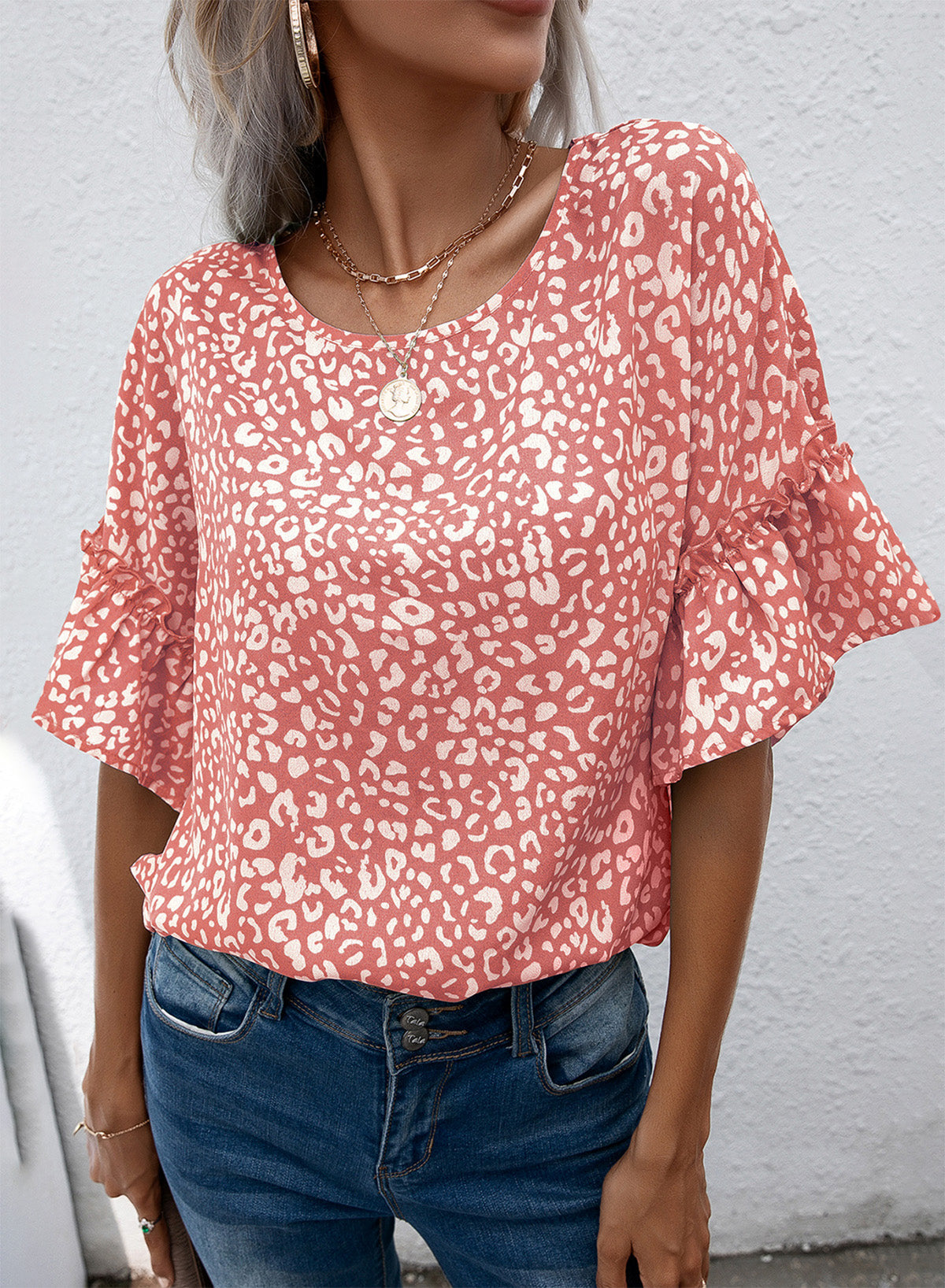 Leopard Print Frill Neck Blouse Burnt Coral